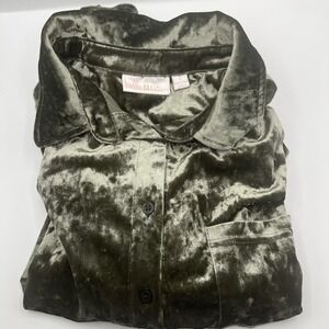 Belle Kim Gravel Size L Green Crushed Velvet Button Up Blouse‎ Top w/ Pockets